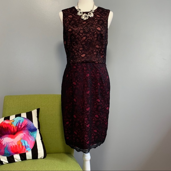 Maggy London Dresses & Skirts - Maggie London Pink Black Lace Overlay Sheath Dress